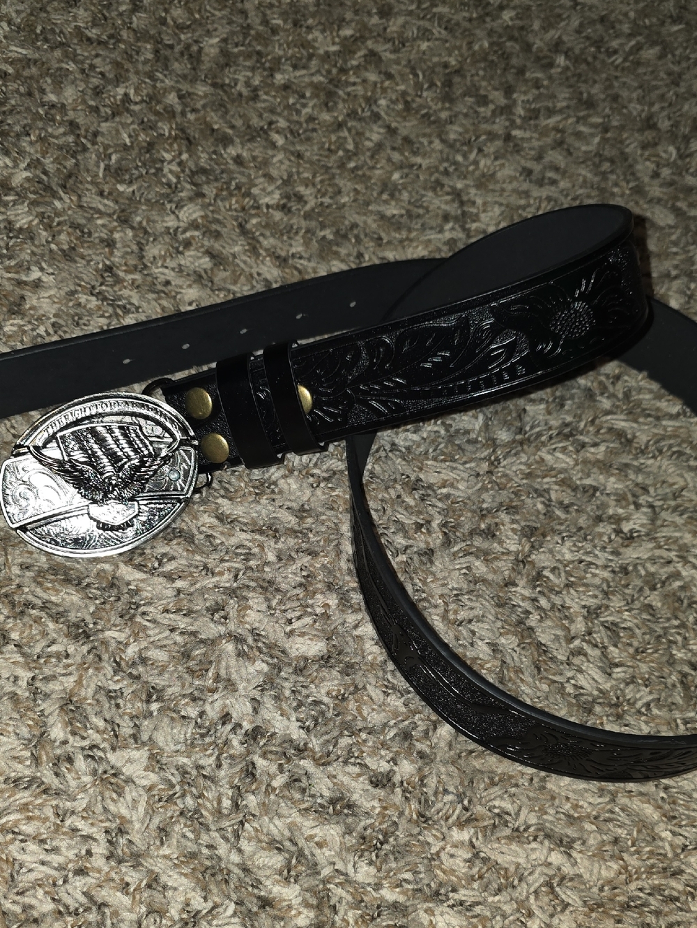 Tooled Black Leather Western Belt with Silver Eagle Buckle